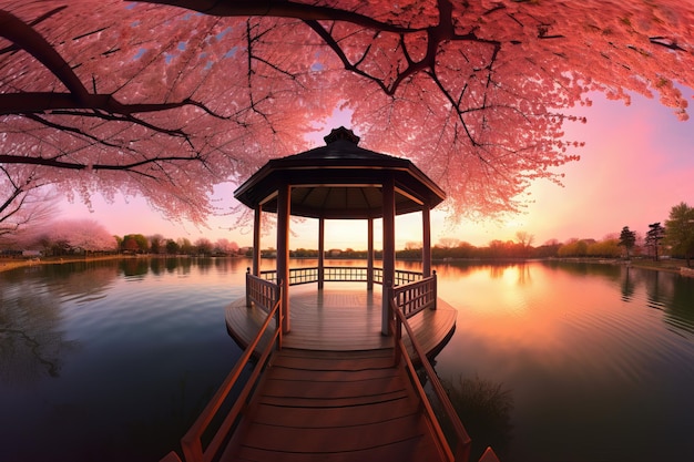 Sunset at lake cherry blossom Generate Ai