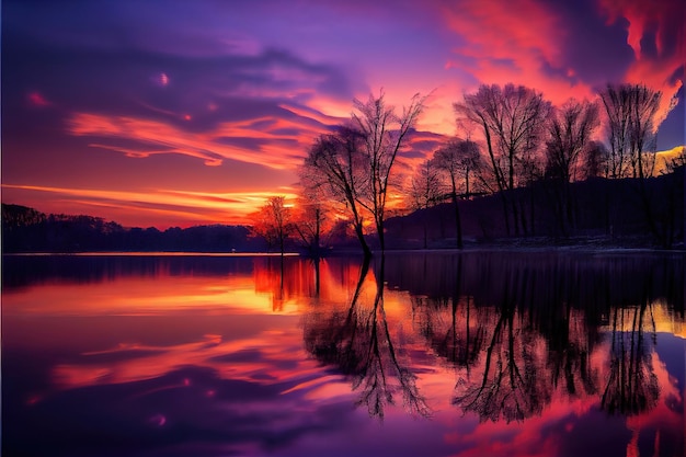 Photo sunset on the lake. colorful sky