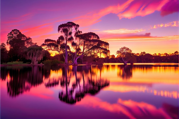 Sunset on the lake. Colorful Sky