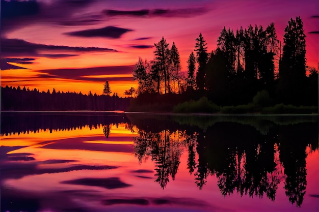 Sunset on the lake. Colorful Sky