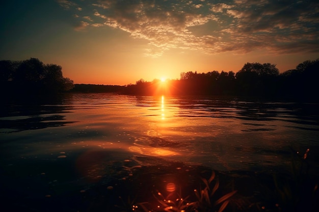 湖に沈む夕日 生成 AI