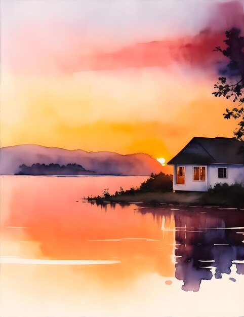 Sunset Lake House Water Art Serene and Scenic Landscape