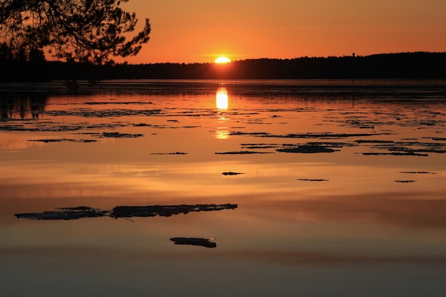 Sunset on the lake in karelia