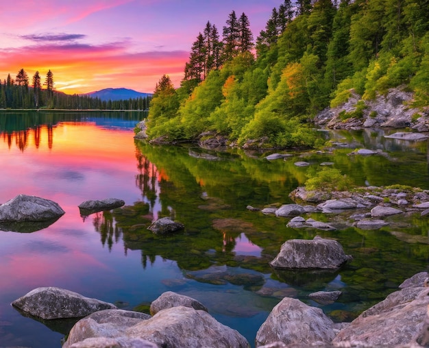 sunset over a lake in the mountains with a reflection of clouds and a cloudy sky