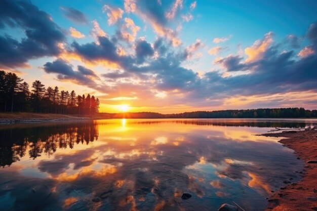 Sunset over lake in northern Europe with reflection and blue sky