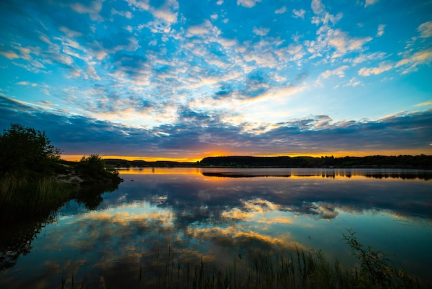 Sunset on the lake for recreations and fishing