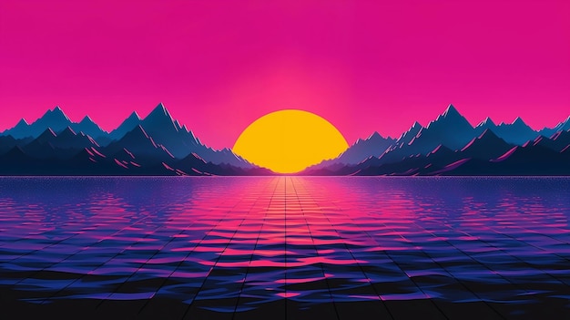 レーザー グリッド Vaporwave synthwave 80 年代スタイルのイラストを使用した湖のレトロな背景に沈む夕日