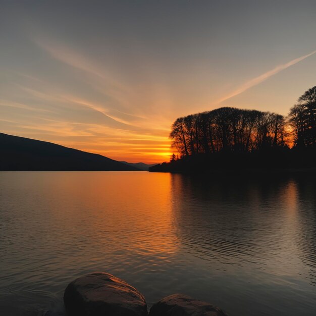 Foto il tramonto sul lago splende con una bella luce arancione.