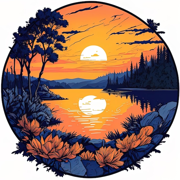 Sunset over the lake Vector illustration in the style of Doodle