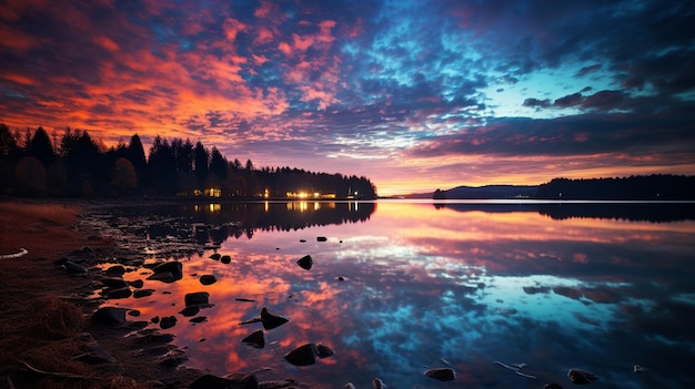 sunset over a lake with a beautiful sunset