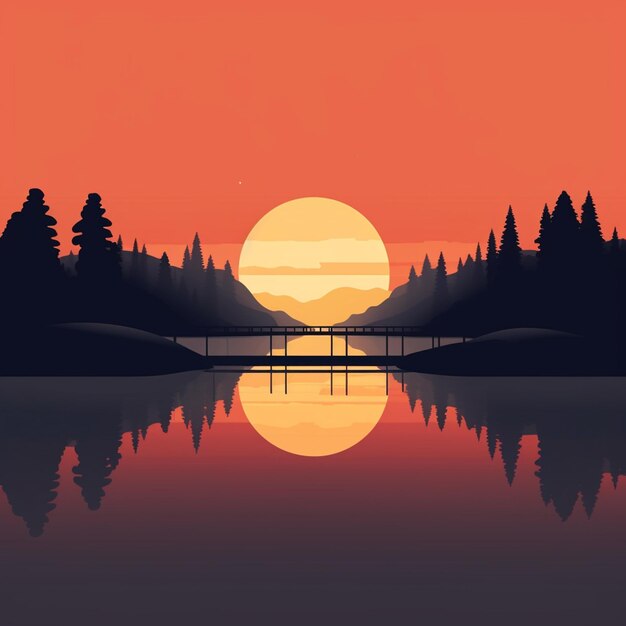 Photo sunset over a lake with a bridge and trees in the background generative ai