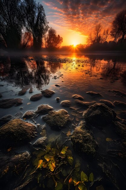 A sunset over a lake with a bright orange sky and the sun setting behind it.