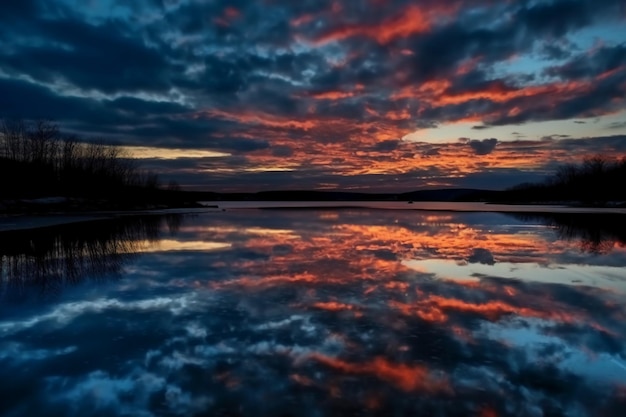 A sunset over a lake with clouds and the sky