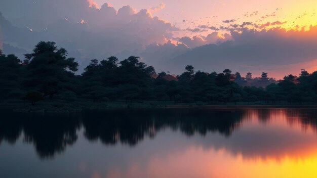 A sunset over a lake with a cloudy sky and a river in the foreground.