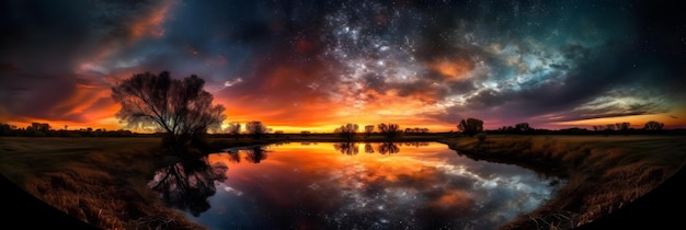 A sunset over a lake with a cloudy sky