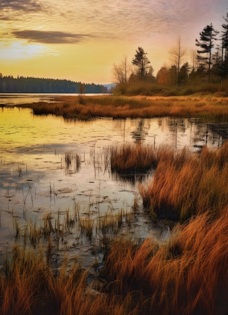 A sunset over a lake with a few trees and a cloudy sky