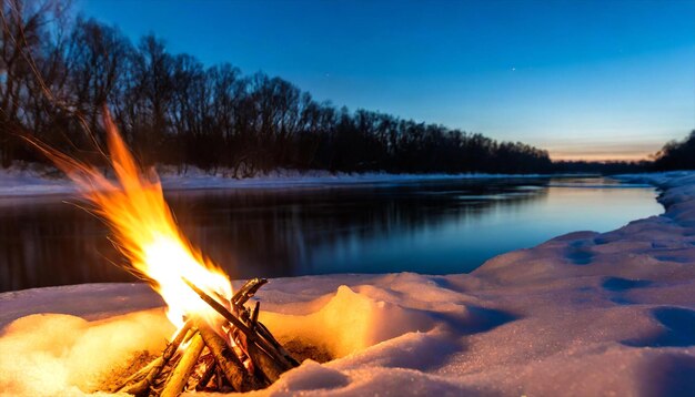 Sunset over lake with flame