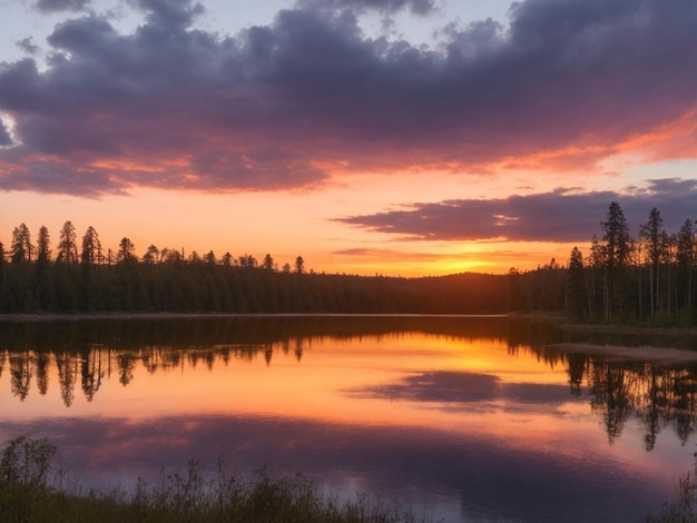 A sunset over a lake with a forest in the background