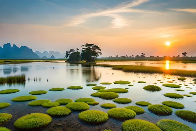 Photo a sunset over a lake with green algae in the water