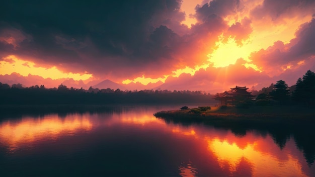 A sunset over a lake with a house in the foreground