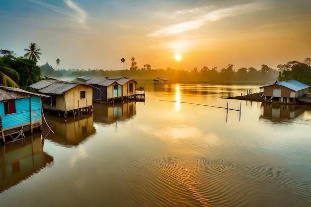 a sunset over a lake with houses on stilts and a boat in the water.