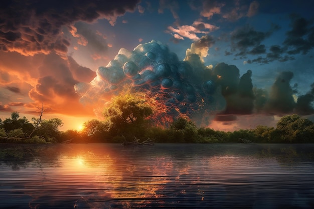 A sunset over a lake with a large cloud that says'fire'on it