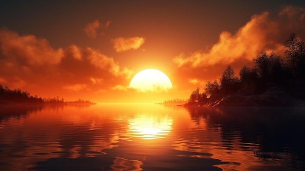 A sunset over a lake with a large orange sun in the sky.