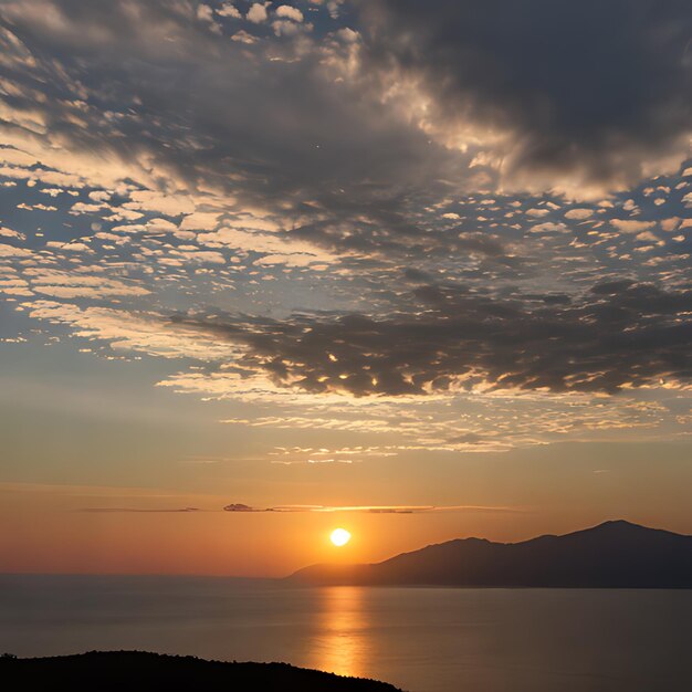 Photo a sunset over a lake with a mountain in the background