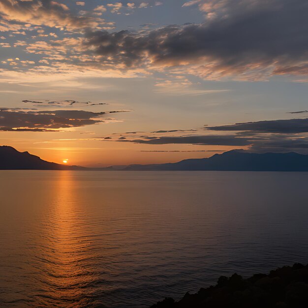 Photo a sunset over a lake with a mountain in the background