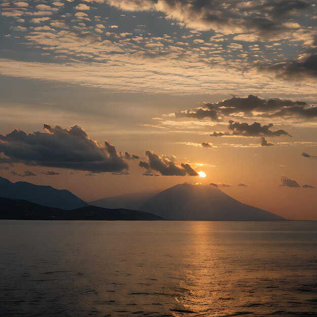 a sunset over a lake with a mountain in the background