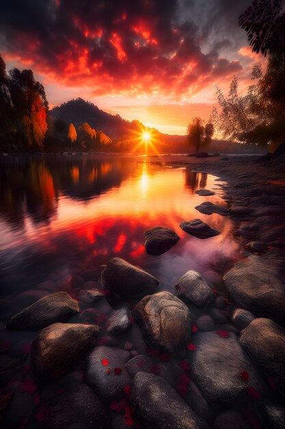 A sunset over a lake with a mountain in the background