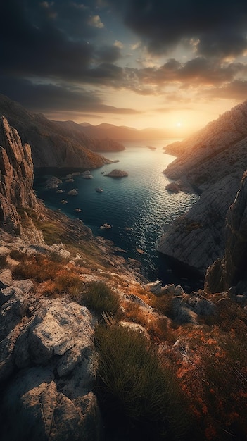 A sunset over a lake with a mountain and a sunset in the background