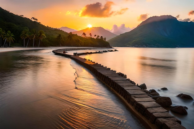 A sunset over a lake with mountains in the background