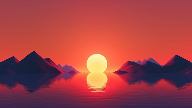 A sunset over a lake with mountains in the background