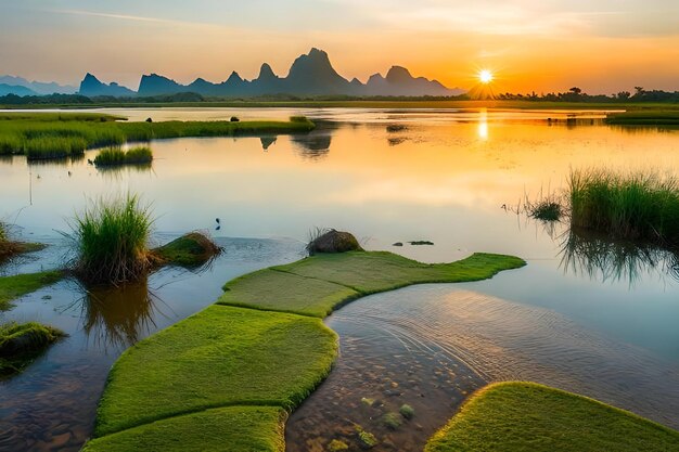 A sunset over a lake with mountains in the background