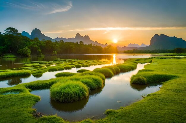 A sunset over a lake with mountains in the background