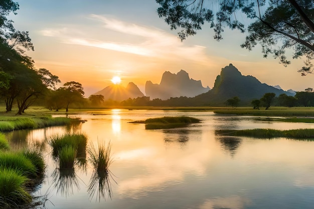 A sunset over a lake with mountains in the background