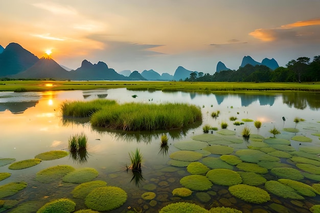 A sunset over a lake with mountains in the background