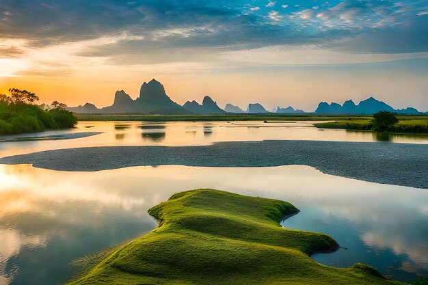 A sunset over a lake with mountains in the background