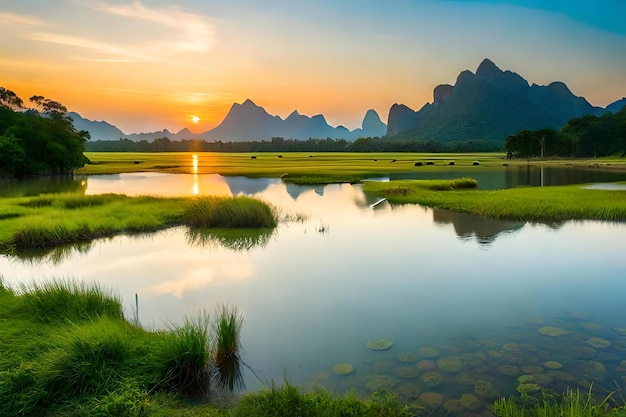 Sunset over a lake with mountains in the background