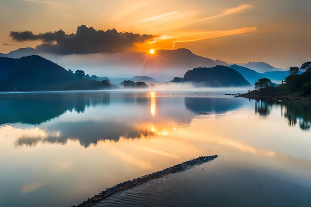 A sunset over a lake with mountains in the background