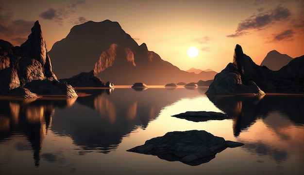 A sunset over a lake with mountains in the background