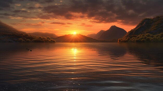 A sunset over a lake with mountains in the background