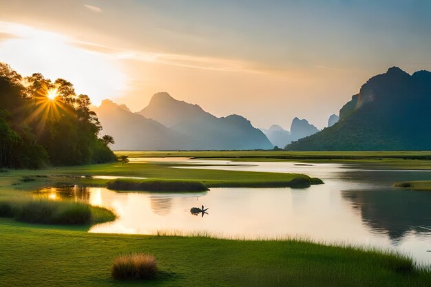 A sunset over a lake with mountains in the background