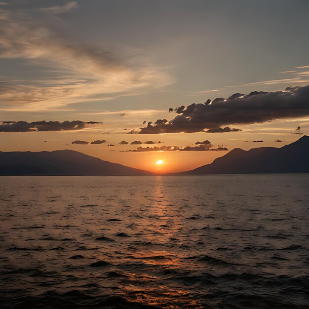 a sunset over a lake with mountains and clouds in the background