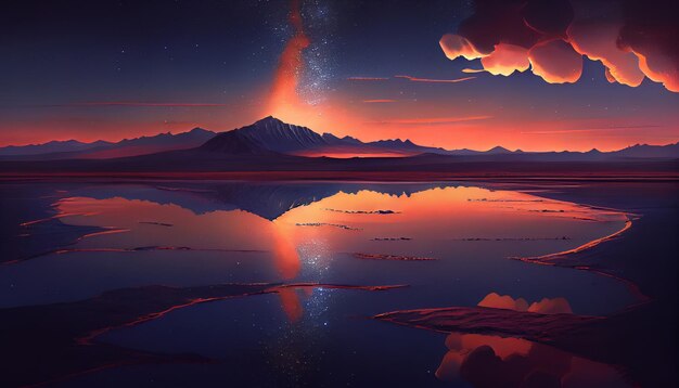 A sunset over a lake with mountains and a starry sky