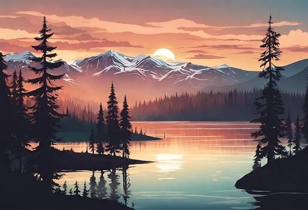 a sunset over a lake with mountains and trees