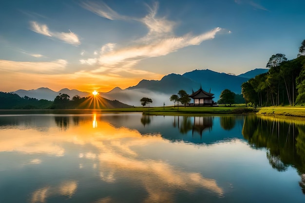 A sunset over a lake with a pagoda in the background