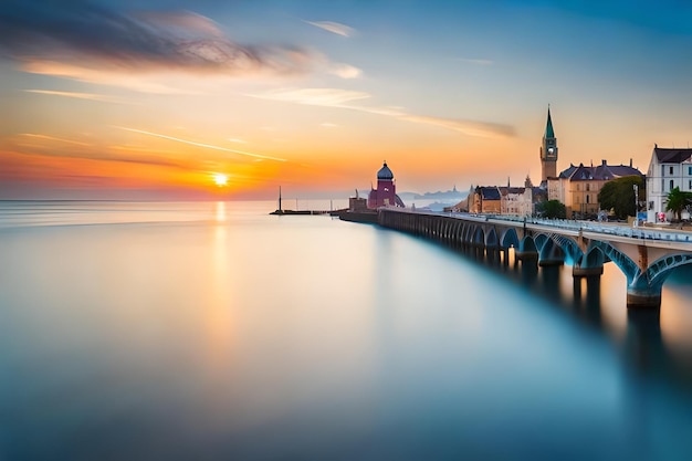 Photo a sunset over a lake with a pier and a clock tower