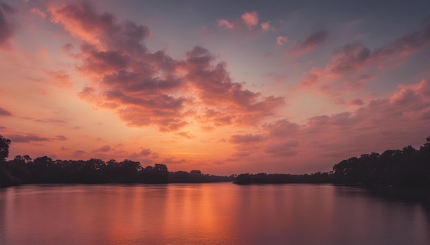 a sunset over a lake with a pink sunset